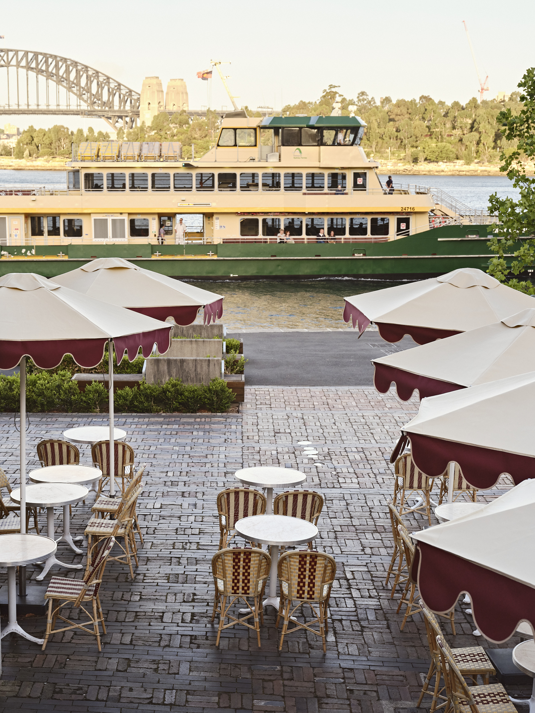 Outdoor tables at The Fenwick facing Sydney Harbour